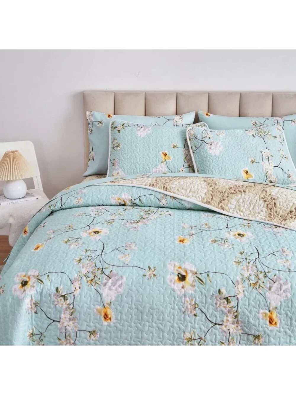Reversible Floral Quilt Set - Aqua Microfiber Bedspread, Lightweight All-Season